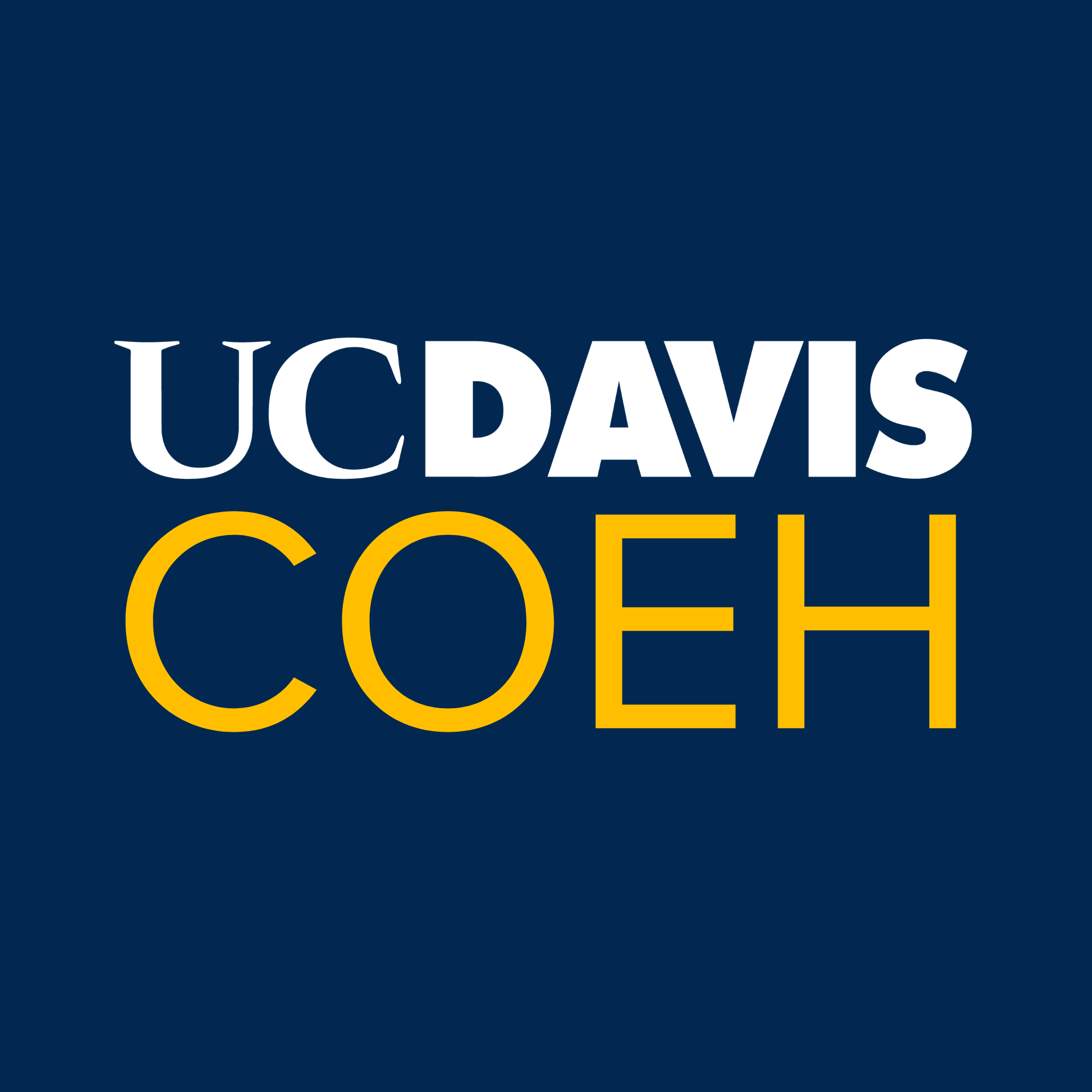 UC Davis COEH Logo in White and Yellow on Aggie Blue background.