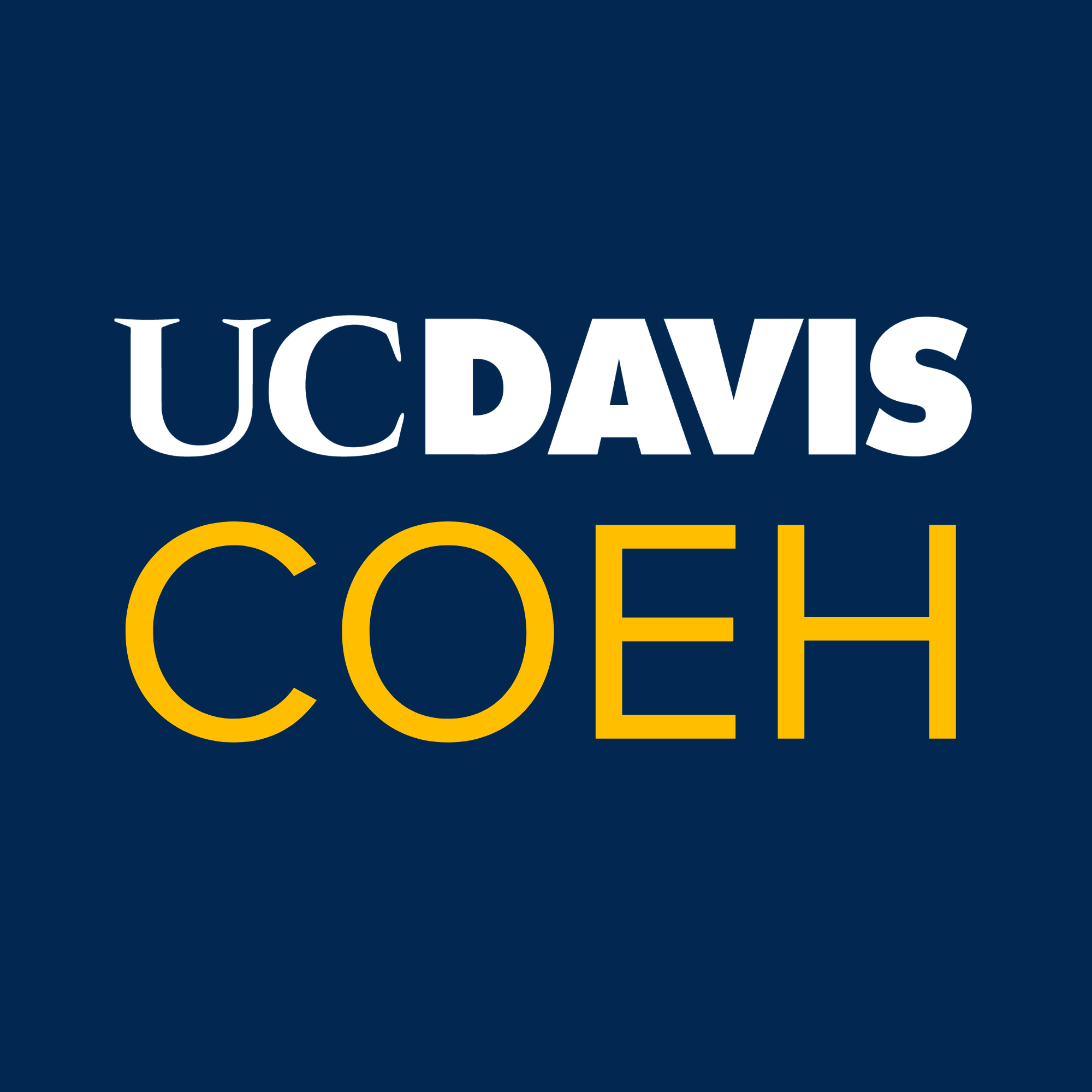 UC Davis COEH Logo in White and Yellow on Aggie Blue background.
