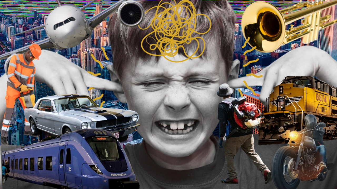 Boy hearing loud noises from a cityscape