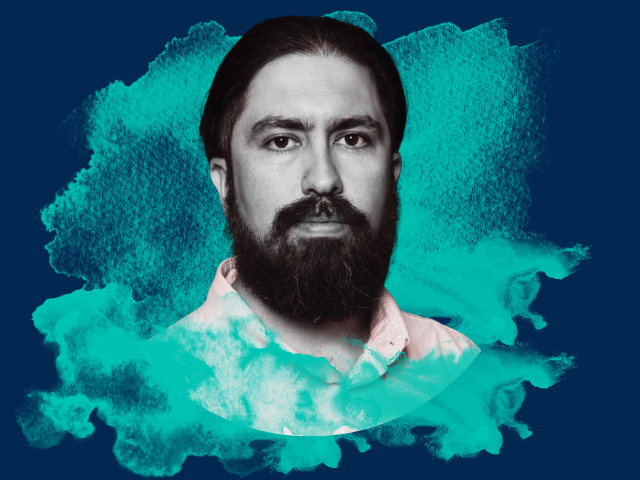 Portrait photo of Jaime Reyes Sanchez, MD, PhD over teal watercolor splash on dark blue background