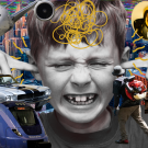 Boy hearing loud noises from a cityscape 